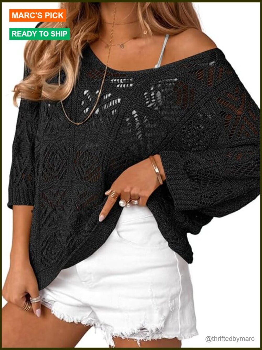 Women's Crochet Cover Up Top 3/4 Sleeve Off Shoulder Boho Beach Swimsuit Coverup